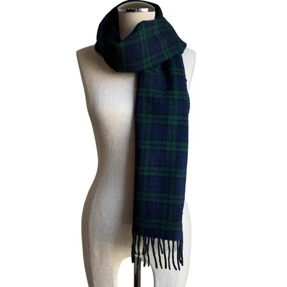 L.L.Bean Wool Blend Plaid Scarf Green Blue Tartan Made in Italy 50